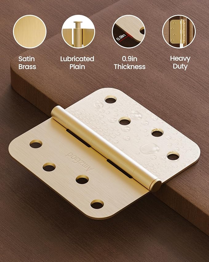4" X 4" Satin Brass Door Hinges – 6 Pack Gold Door Hinges with 5/8" Radius, Rounded Interior Heavy Duty 4 Inch Exterior & Front Door Hinge for Residential Use