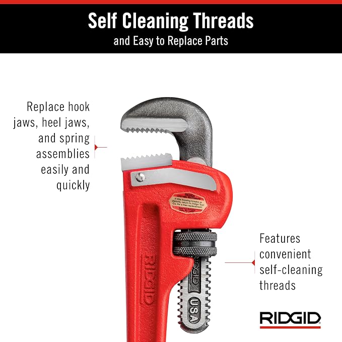RIDGID 31015 Heavy-Duty Straight Pipe Wrench, 12" Sturdy Plumbing Wrench with Self Cleaning Threads and Hook Jaws, Red, Small