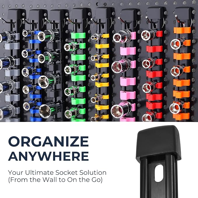 Reniteco 12-Pack Socket Organizer Set, 1/4" x 64 3/8" x 60 1/2" x 48 Clips | 172 Clip Capacity, Havy-Duty ABS Socket Rails, Removable Clips, Drive Socket Storage, Toolbox Drawer or Wall Mount