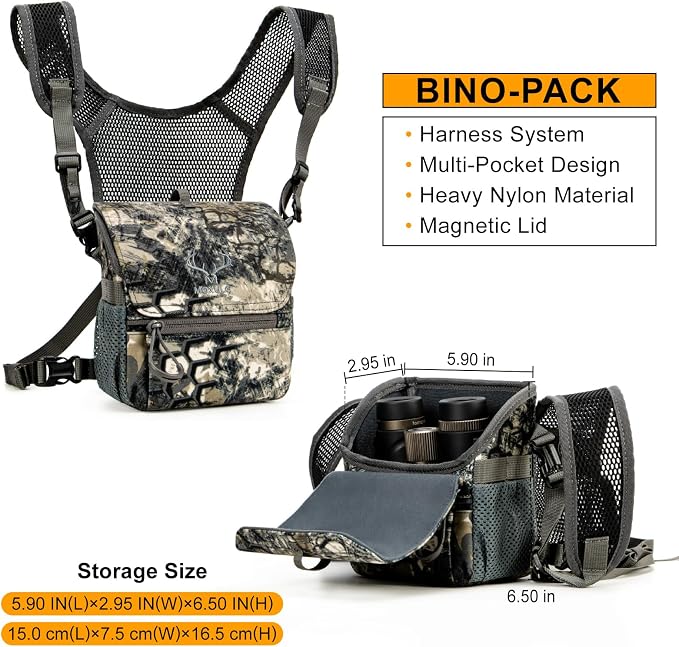 Binocular Harness Chest Pack: Bino Case, Magnetic Lid, Rain Cover | Silent one-hand access, water-resistant fabric, MOLLE webbing for hunting, birdwatching and hiking