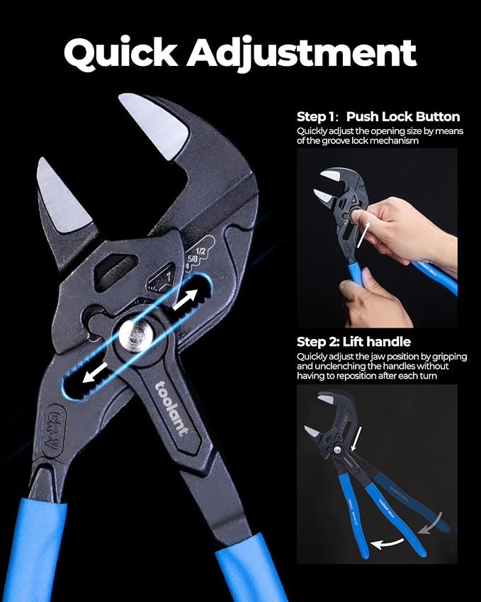 toolant 7/10/12-INCH Plier Wrench, CR-V Construction Adjustable Wrench Set With Pouch, Black Finish Smooth Jaw Pliers, Parallel Jaws, Suitable for All Types of Nuts, Water Pipes, etc