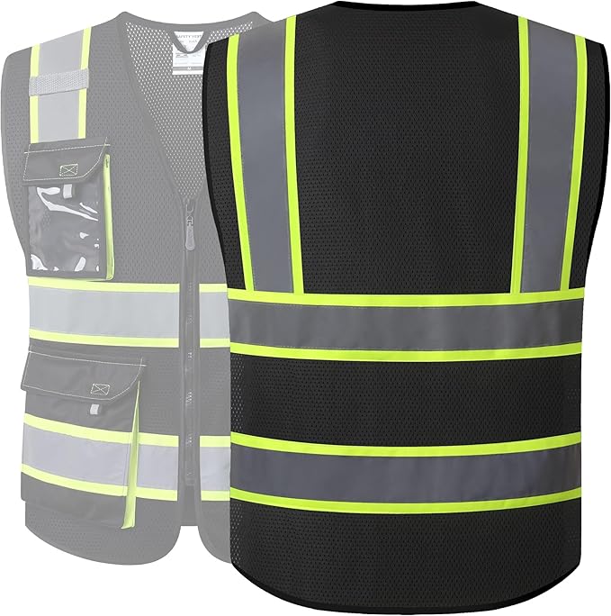JKSafety Hi Vis Reflective Safety Vests for Men Women High Visibility Vest with Pockets Mesh Fabric Construction Safety Apparel Neon Vest for Work (220-Black L)