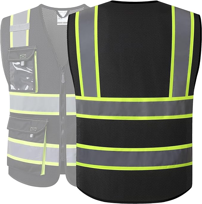 JKSafety Hi Vis Reflective Safety Vests for Men Women High Visibility Vest with Pockets Mesh Fabric Construction Safety Apparel Neon Vest for Work (220-Black 5XL)