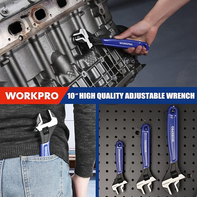 WORKPRO 10-Inch Adjustable Wrench, Cr-V Steel Wide Jaw Black Oxide Wrench, Metric & SAE Scales, for Home, Garage, Workshop and DIY