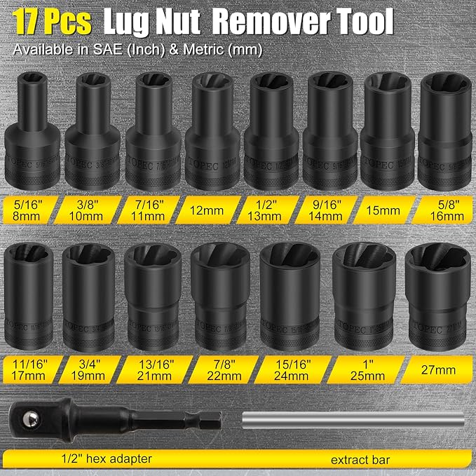 Topec 17Pcs Lug Nut Extractor Set, 1/2" Drive Locking Lug Nut Removal Tool, 8-27mm Wheel Lock Removal Kit, Deep Bolt Extractor Socket Set for Stripped, Broken, Rounded Bolts