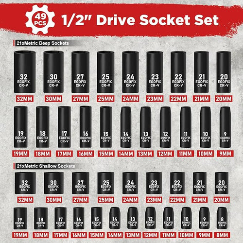 1/2" Drive Impact Socket Set 49 Piece, Standard and Deep Metric Socket (9-25mm, 27, 30, 32mm), Includes Extension Bars, Universal Joint and Adapter, 6 Point Design,Cr-V steel