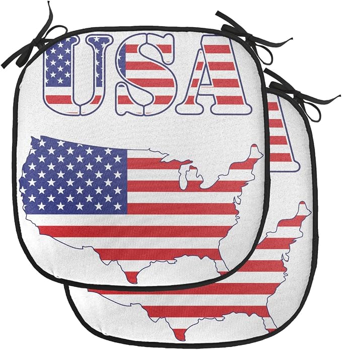 Lunarable Americana Chair Cushion Pads Set of 2, USA Map Flag Stars Stripes National History American Illustration, Anti-Slip Seat Padding for Kitchen & Patio, 16"x16", Red White Blue