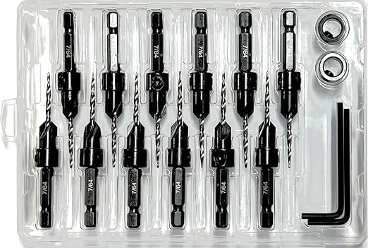 FTG USA 12 Pc #4 (7/64") Countersink Drill Bit Set with Depth Stop Collar, Hex Wrench - Tapered Drill Bits for Wood
