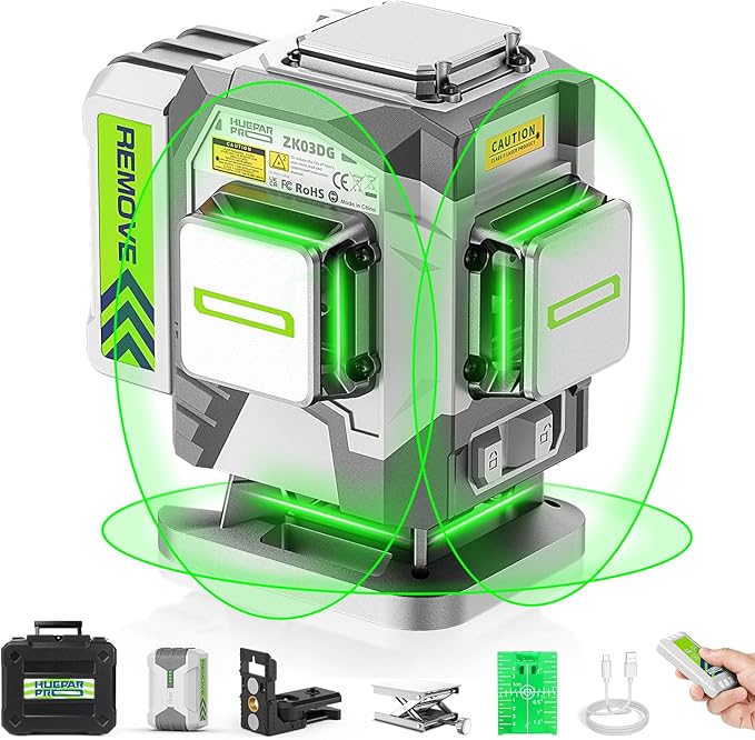 Huepar Pro Laser Level, 3x360° Self Leveling Green Tiling Level Laser Tool, 3D Cross Line Laser Level Tool, High Accuracy Floor Laser with Rechargeable Battery, Remote Control & Hard Carrying Case