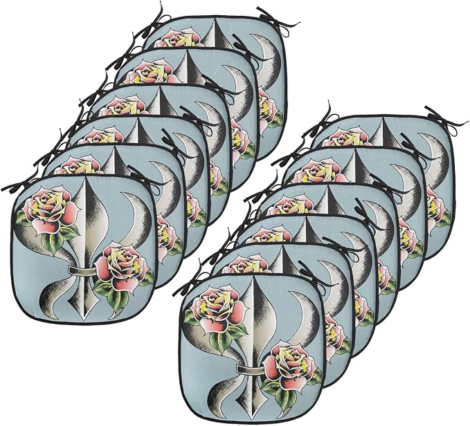 Lunarable Fleur De Lis Chair Cushion Pads Set 12, Fleur-de-Lis Design with Roses Love Power Ornamental Art, Anti-Slip Seat Padding for Kitchen & Patio, 16"x16", Blue Grey Multicolor
