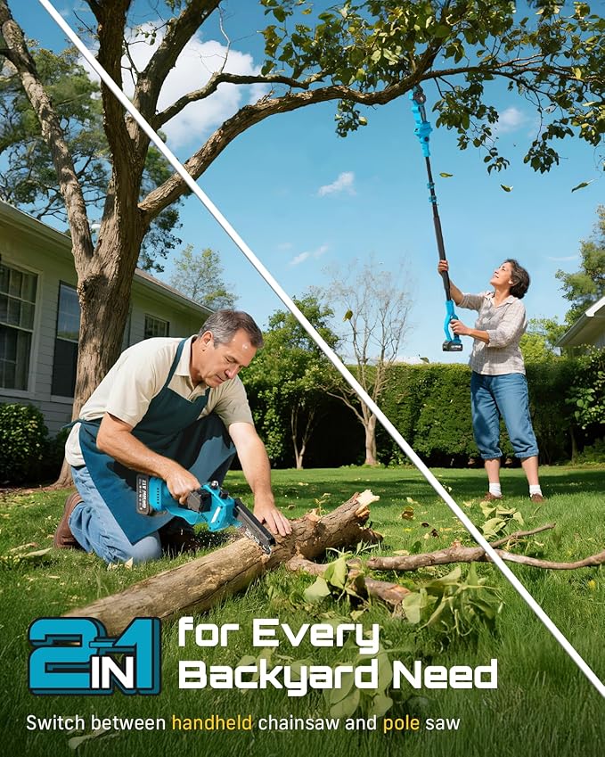 SEESII 2-in-1 Cordless Pole Saws & Mini Chainsaw 6 Inch for Tree Trimming | 2 x 4000mAh Batteries, Handheld Cutter with 10FT Extension Pole for Pruning, Yard Cleanup, Ideal for Homeowners Gardeners