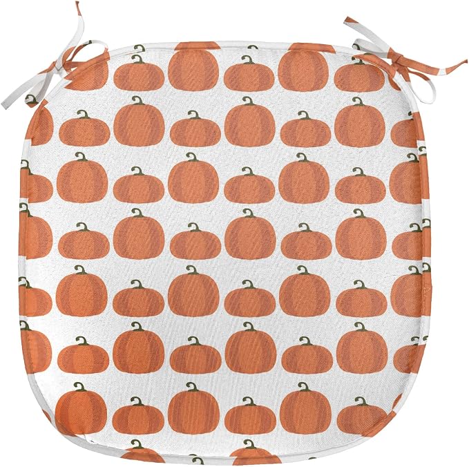 Lunarable Autumn Pumpkin Chair Seating Cushion Set of 6, Simplistic Halloween Fruit Pattern on Plain Backdrop, Anti-Slip Seat Padding for Kitchen & Patio, 16"x16", Burnt Orange Green Brown