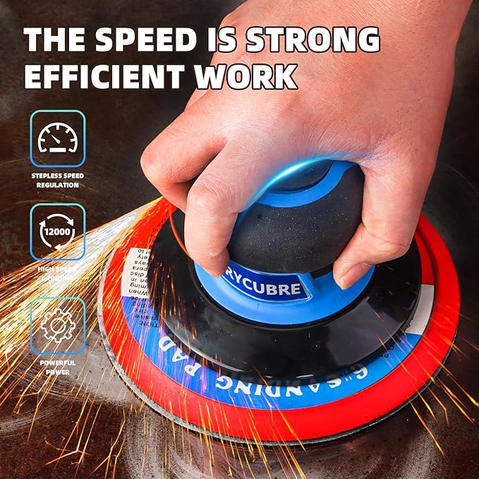 6 Inch Pneumatic air Sander Kit (with 12 Sandpapers, Polishing Pads & Accessories & A Free Air Blow Gun) – da sander for auto Body Specialized, Pneumatic Orbital Sander, Professional & DIY Compatible