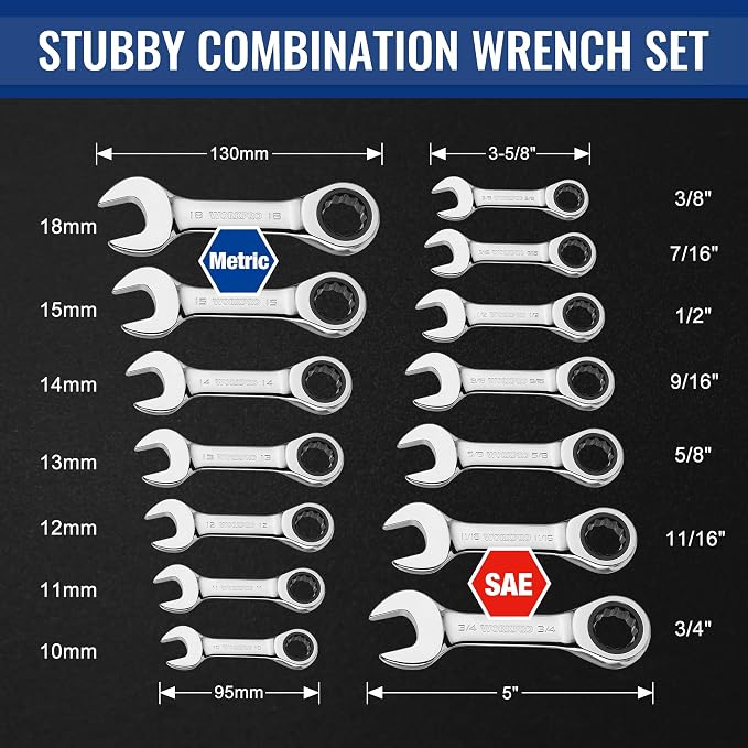 WORKPRO 14-Piece Ratcheting Combination Stubby Wrench Set, 72 Teeth, Combo Ratchet Wrenches Set with Organizer Box, SAE 3/8-3/4" & Metric 10-18mm