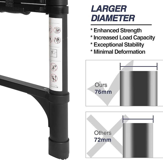 BOCOM 12.5 FT Aluminum Telescoping Ladder, Lightweight Multi-Purpose Collapsible Extension with 2 Triangle Stabilizers, Heavy Duty 330 lbs Max Capacity, Ideal for Home, RV, and Outdoor Work Black