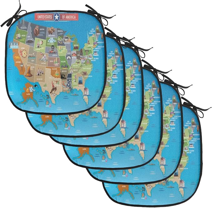 Lunarable Americana Chair Cushion Pads Set of 6, Map of USA Cowboy Corn Field Lobster Farming and Agriculture Art, Anti-Slip Seat Padding for Kitchen & Patio, 16"x16", Blue Multicolor