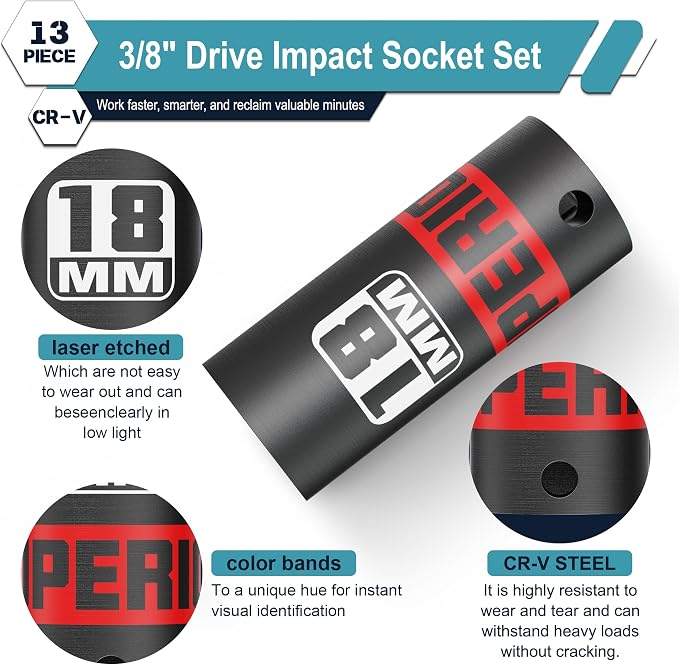 13 Piece 3/8" Drive Impact Socket Set, 7 mm-19 mm Deep Socket, Metric, 6 Point, Automotive Motorcycle and Bicycle Maintenance, Machinery Manufacturing