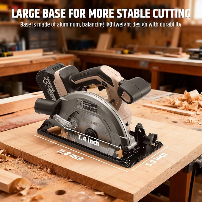 Cordless Circular Saw, 7-1/4" Electric Circular Saws with 5000RPM Brushless Motor, 45° Bevel Cutting, Max Depth 2-1/2", LED Light, Carpentry Tool for Precision Cutting (Battery & Charger)