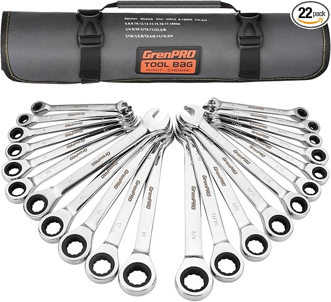 GRENPRO Ratcheting Wrench Set, Combination Wrench Set, 22-Piece SAE & Metric and Standard, 72Th Long Open End, 1/4" to 3/4" & 6-18mm, Organizer With Roll Up Pouch, CR-V Socket Mechanic Hand Tools Sets
