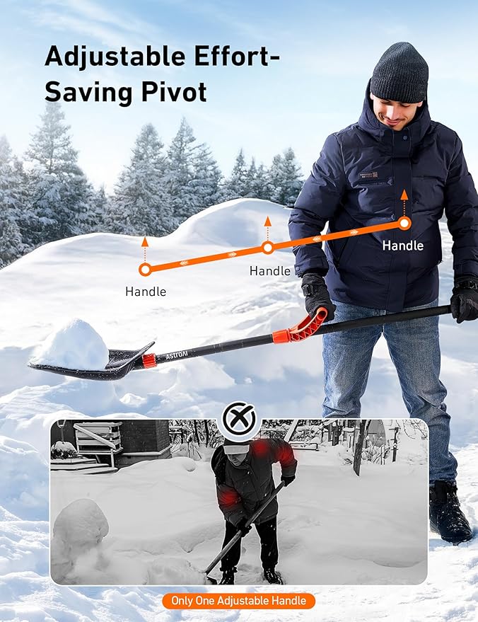 AstroAI 62" Heavy-Duty Snow Shovel for Driveway with Adjustable Ergonomic D-Shape Handle, 17-Inch Wide Snow Shovel for Car with Stainless Steel Blade, Easily Remove Heavy Snow from Driveway, Yard