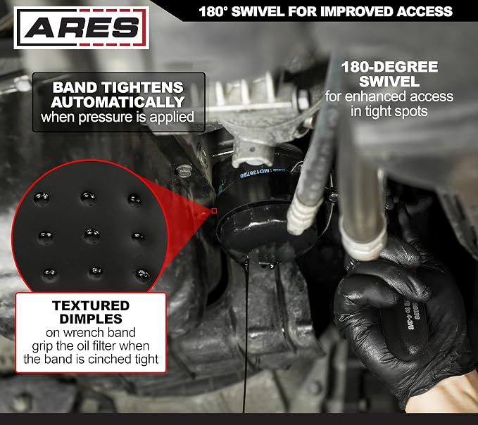 ARES 56039 – 4-in-1 Swivel Oil Filter Wrench – 2 3/8-Inch to 4 3/8-Inch (60mm to 111mm) Capacity – 180-Degree Swivel for Improved Access – Automatically Tightens on Filter