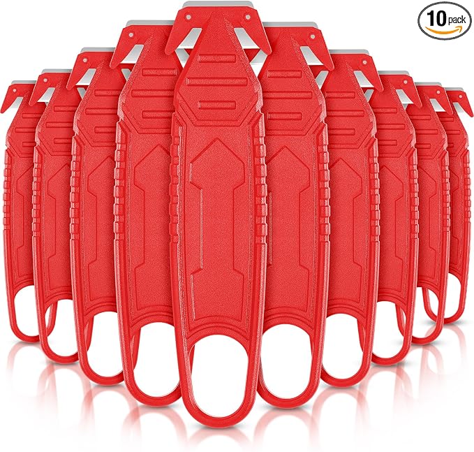 Therwen Safety Box Cutter Knife of Stainless Steel Concealed Blade Package Opener with Tape Splitter for Carton Cardboard Wrap Letter Work Bag Straps Film Utility Tool(Red,10 Pcs)
