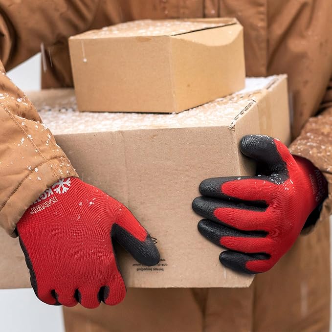 KAYGO 12 Pairs Winter Work Gloves for Men and Women, Thermal Insulated Safety Work Gloves PU Coated, Super Grip,Ideal for Freezer Work,Red,M