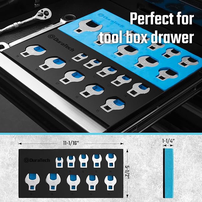 DURATECH 10-Piece 3/8" Drive Crowfoot Wrench Set, Open End Wrench Set, Metric, 10-19mm, CR-V Steel, with EVA Foam Tool Organizer