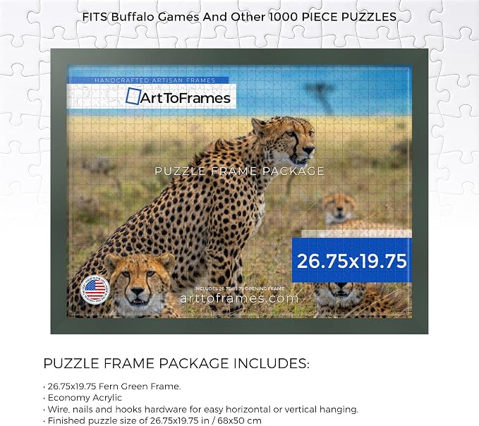 ArtToFrames Puzzle Frame for Buffalo Games 1000 Piece Jigsaw Puzzles, 26.75x19.75 Inch (68x50 cm), Fern Green Engineered Wood with Economy Acrylic, Ready to Hang Puzzle Display