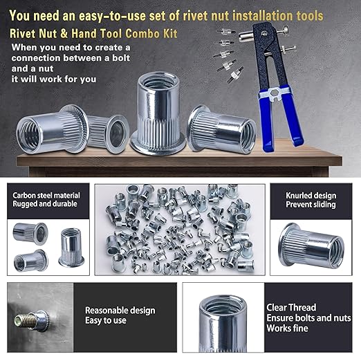 Rivet Nut Tool Kit 540Pcs Nut Riveter Tool Kit (M8/M6/M5/M4/M3), Suitable for Furniture, Decoration, Automobile, Shipbuilding and Industrial Applications