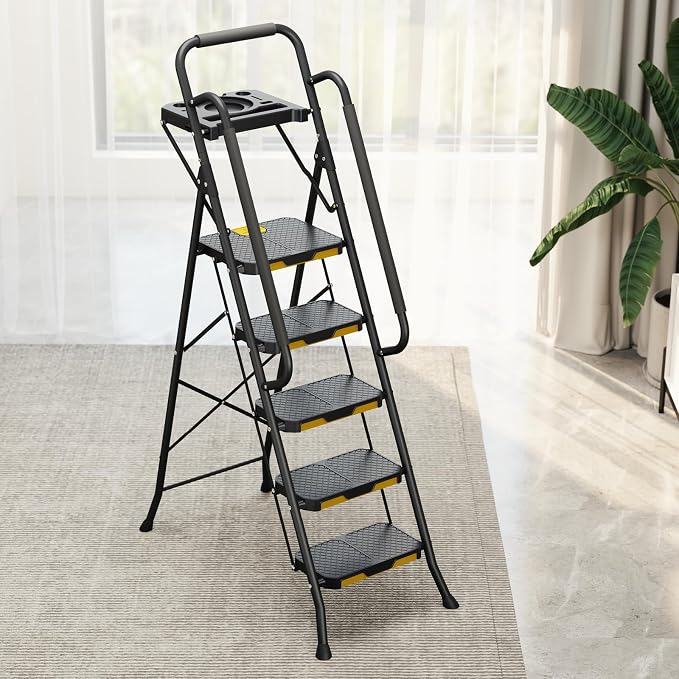 KINGRACK 5 Step Ladder, Sturdy Steel Step Stool with Anti-Slip Wide Pedals, Handrail, Safe-Lock Design, 800lbs Folding Portable Ladder for Multi-Purpose, Home, Kitchen