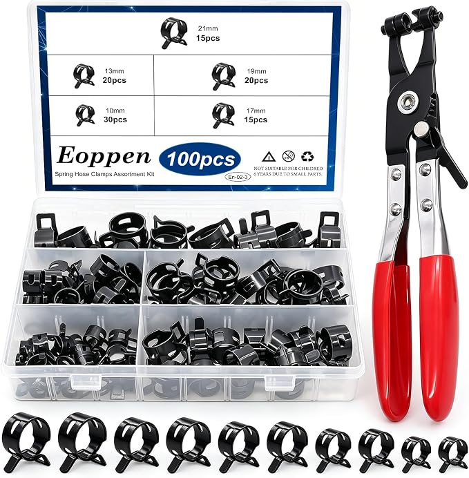 100Pcs 10-21mm Spring Hose Clamps Assortment Kit with Swivel Flat Band Fuel Hose Clamp Plier - 5 Sizes Fuel Line Silicone Vacuum Hose Low Pressure Air Clamps