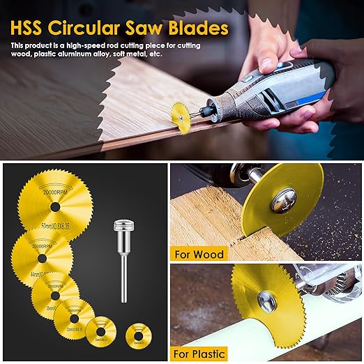 44pcs Gold Cutting Wheel Set Compatible with Plastic for Rotary Tool, HSS Circular Saw Blades 6pcs, Resin Cutting Discs 20pcs, 545 Diamond Cutting Wheels 10pcs