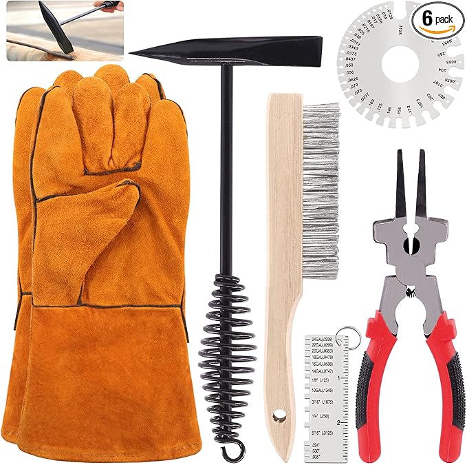 Hilitchi 6Pcs Welding Slag Removal Tool Set, 8inch Welding Pliers, Welding Chipping Hammer, Wire Brush Wire Scratch Brush and 2 Stainless Steel Metal Sheet Thickness Gauges