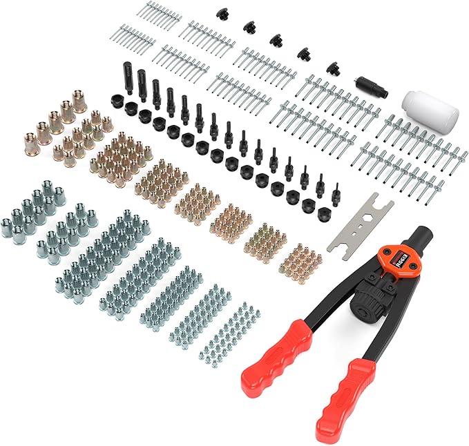 Dual-Function Rivet Nut Tool Rivet Gun Kit Including 405 pcs Rivet Nuts Blind Rivets 15 Mandrels 5 Rivet Nozzles, Multi-Purpose