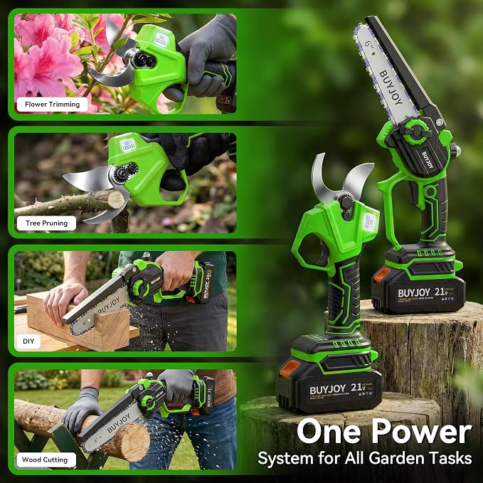 BUYJOY 2-in-1 Mini Chainsaw & Electric Pruning Shears, 1.8" Cutting Capacity, 8 Inch Cordless Chainsaw with 2 x 4.0Ah Batteries, Battery Powered Branch Cutter for Tree Trimming and Garden Pruning