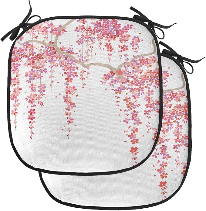 Lunarable Flower Chair Cushion Pads Set of 2, Cherry Blossom Trees Branch Springtime Happy Vacation Traveling Destinations, Anti-Slip Seat Padding for Kitchen & Patio, 16"x16", Pink Cocoa Purple