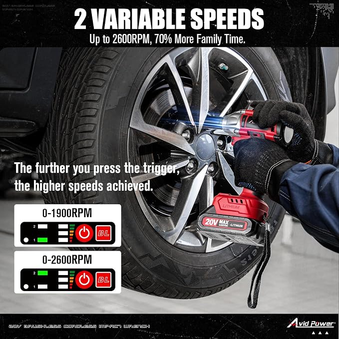 AVID POWER Cordless Impact Wrench/Gun Kit 1/2 inch Brushless Impact Drill | 332ft-lbs (450N.M), Battery, 2 Variable Speeds, 4 PCS Sockets, Charger, Tool bag for Tire Changes, Lug Nut & Bolts Removal