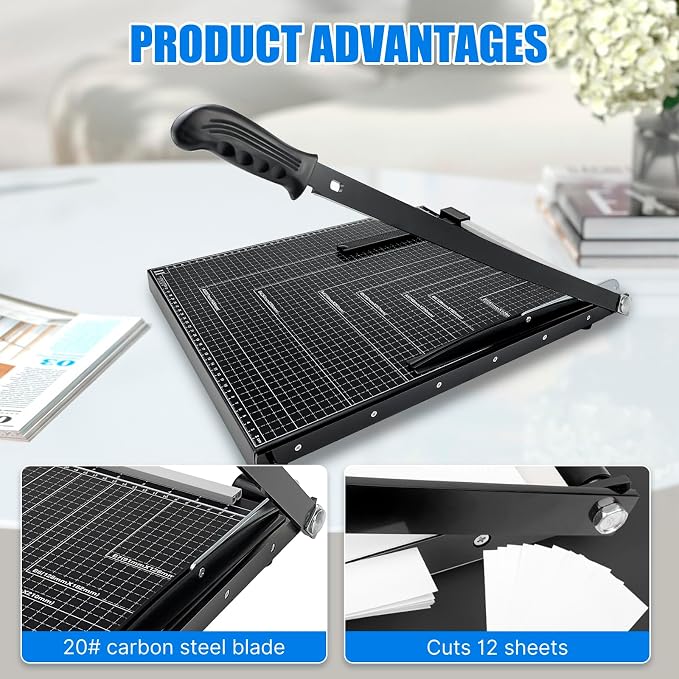Paper Cutter,Guillotine Paper Trimmer Cutter for Office and Crafts,Heavy Duty Metal Base,12 Sheets Capacity,Portable Paper Slicer with Safety Guard and Blade Lock for Home, Office (21 inch)