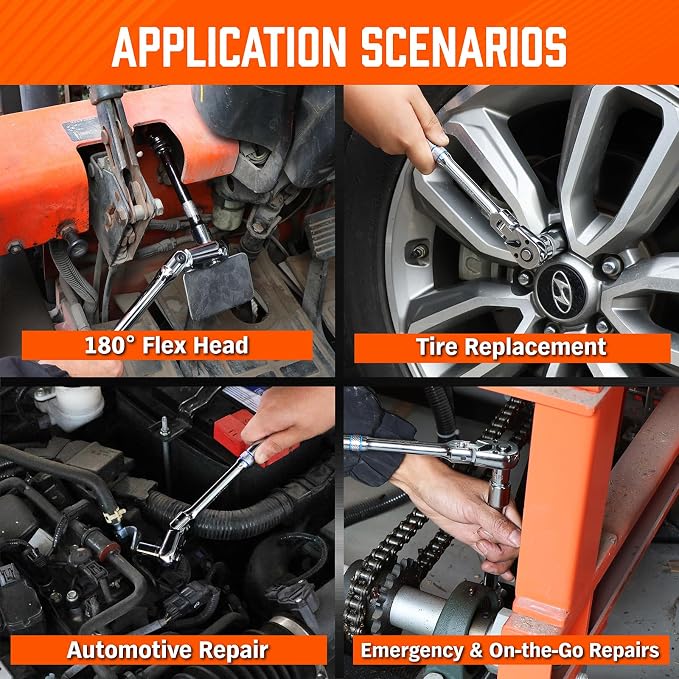 10-Piece Flex-Head Ratchet Set, 1/4", 3/8" & 1/2" Drive Socket Wrenches, 90-Tooth Quick-Release Reversible Low-Profile, Extension Bars (4", 10", 6") & 4 Adapters for Automotive, Bike, and Home Repair