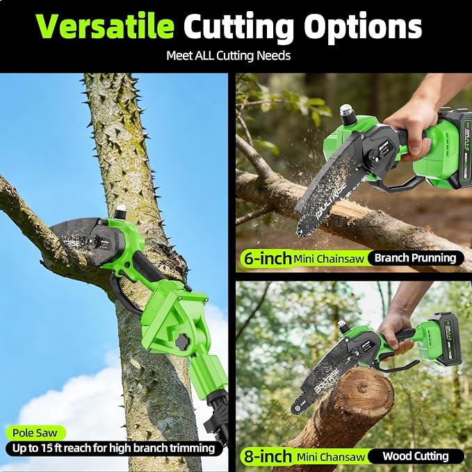 3-in-1 Electric Pole Saws for Tree Trimming, 8 Inch & 6 Inch Mini Chainsaw Cordless with 2x4.0 Ah Battery, Battery Powered Pole Chain Saw, 16 Ft Reach, Telescopic Chainsaw Tree Trimmer Branch Cutter