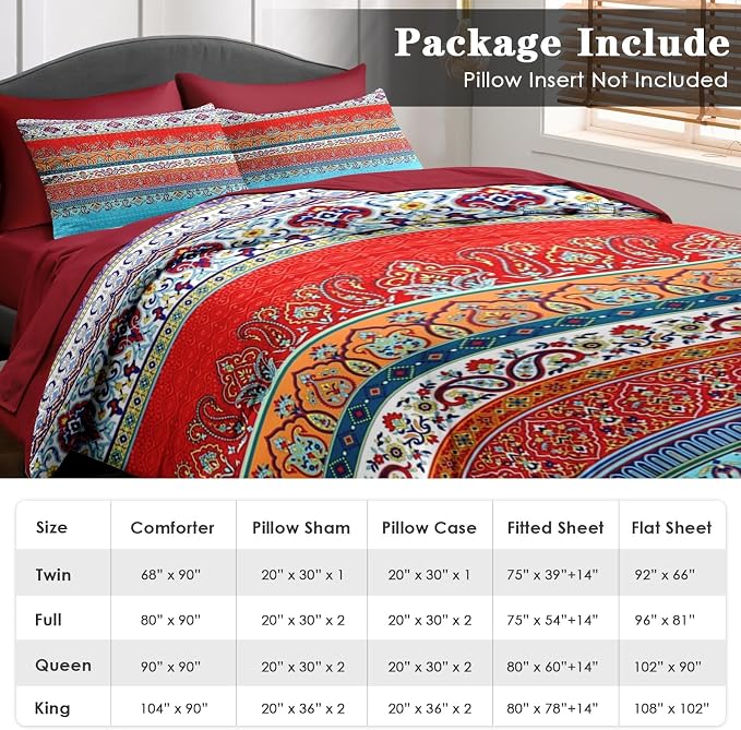 Nesker Comforter Set King Size, Ethnic Geometric Flower 7 Pcs Bedding for Kids and Adults, Vintage Paisley Leaf Floral Bed Sheet Sets with Fitted Sheet 2 Pillowcases & 2 Shams