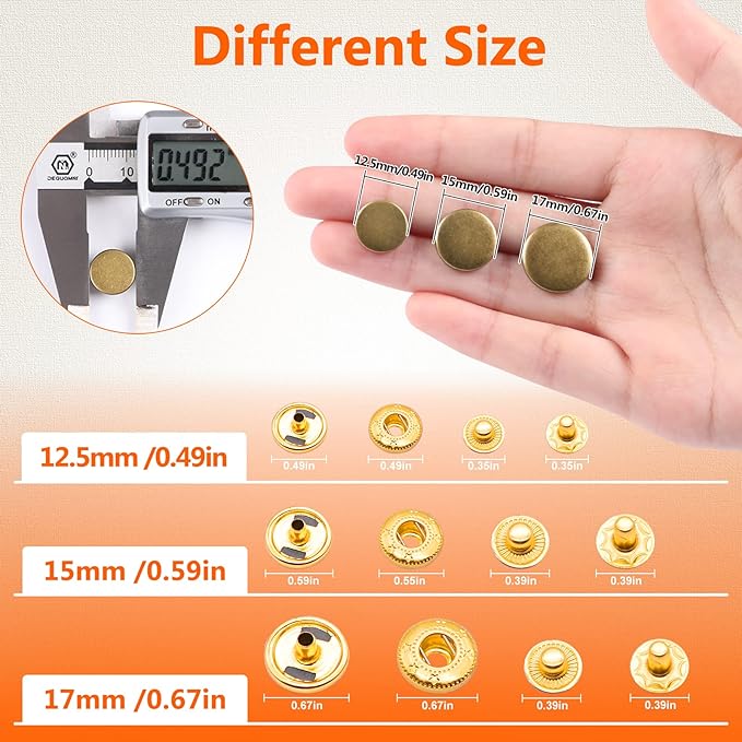 Alritz 15mm Leather Snap Button Kits with Hammer Punch Spacer, 90 Sets Metal Snaps Press Studs with 4 Setter Tools for Thin Clothes, Jackets, Jeans Wears, Bracelets, Bags
