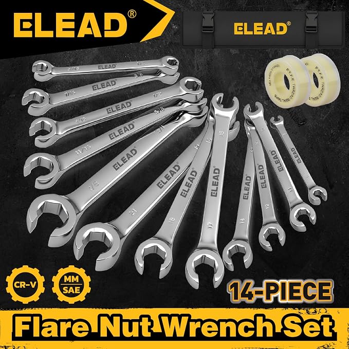 ELEAD 14-Piece Flare Nut Wrench Set with PTFE Tape, Metric & SAE 1/4"-7/8"& 6-21mm, Brake Line Wrench Set Double Open End with Organizer Pouch for Repairing and Removing Nuts