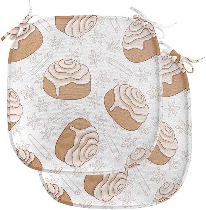 Lunarable Cinnamon Chair Seating Cushion Set of 2, Floral Pattern with Floating Tasty Rolls Dessert Bakery Themed Pattern, Anti-Slip Seat Padding for Kitchen & Patio, 16"x16", Sand Brown Champagne