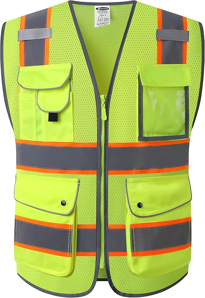 JKSafety 9 Pockets Hi-Vis Neon Yellow Zipper Front MESH Safety Vest with Fluorescent Orange Extend Edge outlining the Reflective Tapes Meet ANSI/ISEA Class 2 Standard (100-Yellow, XXL)