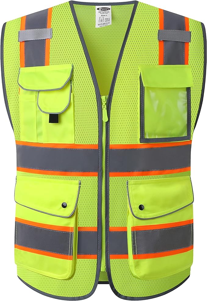 JKSafety 9 Pockets Hi-Vis Neon Yellow Zipper Front MESH Safety Vest with Fluorescent Orange Extend Edge outlining the Reflective Tapes Meet ANSI/ISEA Class 2 Standard (100-Yellow, XL)