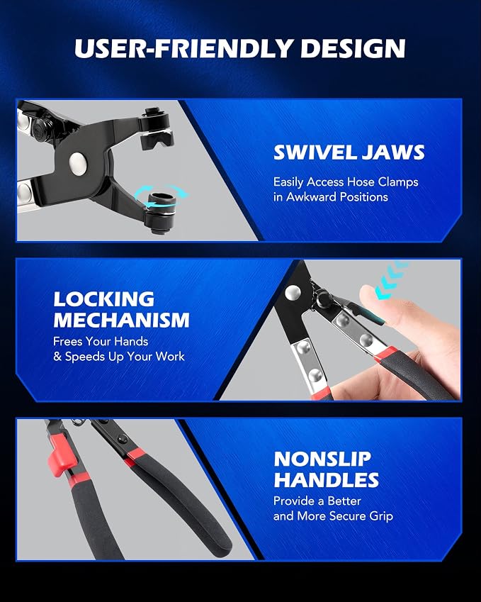 OMT Hose Clamp Pliers, 9Pc Automotive Remover Set With Flexible Wire | Locking Mechanism, Rubberized Handles, For 11/16" To 2-1/2" Clamps, Structural Steel Build
