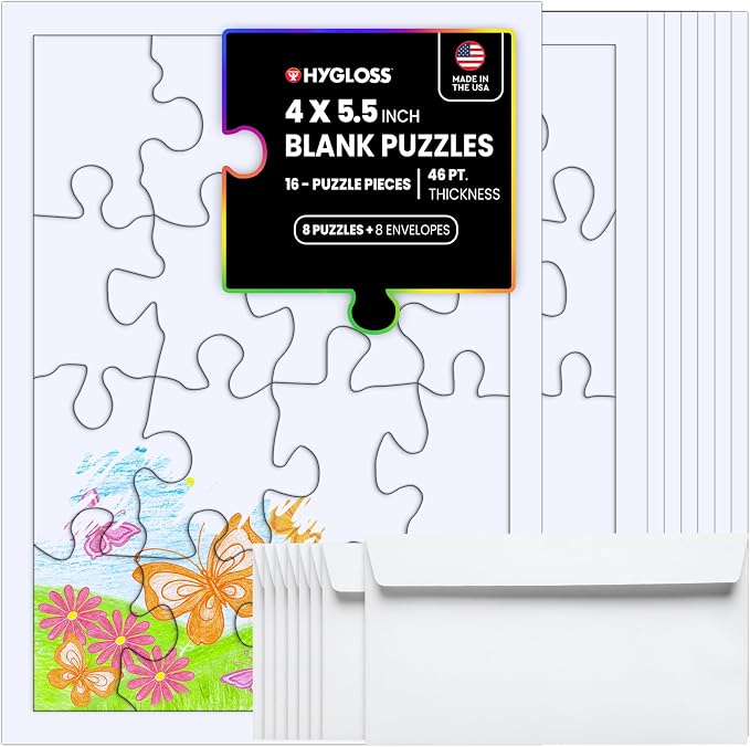 Hygloss 8 Blank Jigsaw Puzzles with Envelopes – 4 x 5.5 Inch, 16 Pieces Each – DYI Party invites, Perfect for Decorating, Kids' Activities, Arts & Crafts or Party Favors