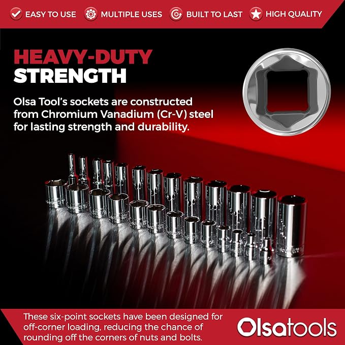 Olsa Tools 1/4-Inch Drive SAE Deep Socket Set - 13pc | 6-Point Chrome Vanadium Sockets, 1/8-Inch to 5/8-Inch, No Skipped Sizes - Professional-Grade SAE Socket Sets - Part: 1329